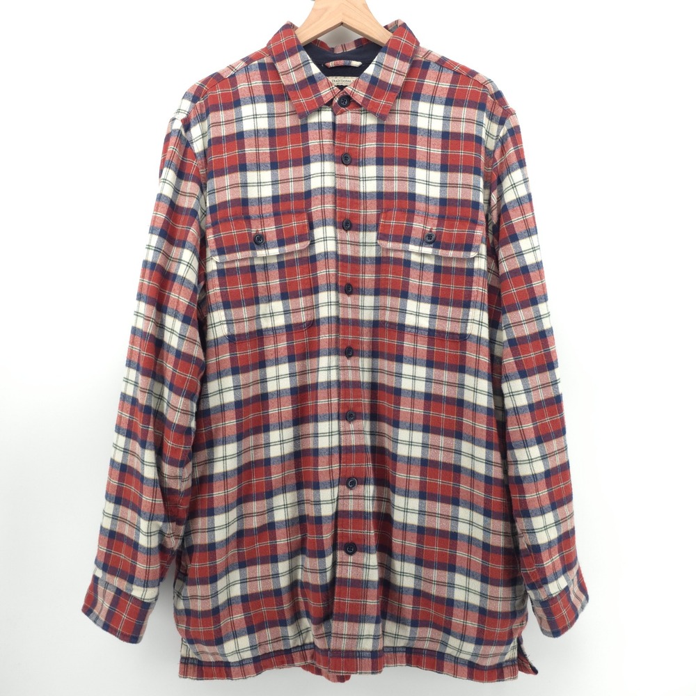 L.L. Bean Mens Flannel Shirt Fleece Lined L-Tall Red Plaid Traditional Fit